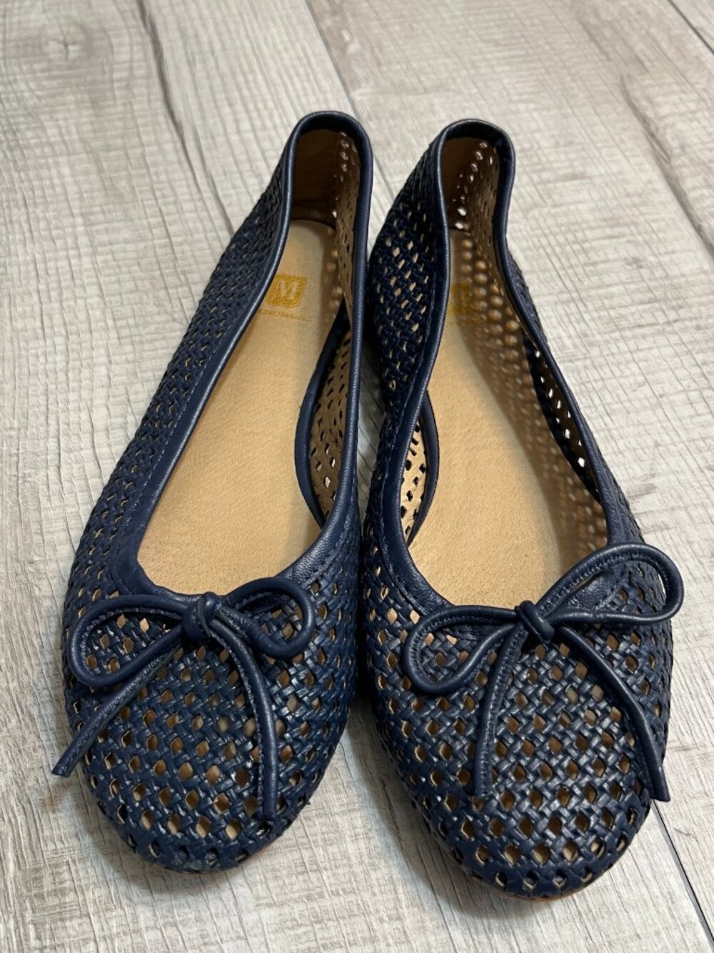 Janina Navy Woven Leather Bow Ballet Flats Coastal Preppy Minimalist Sz 6.5